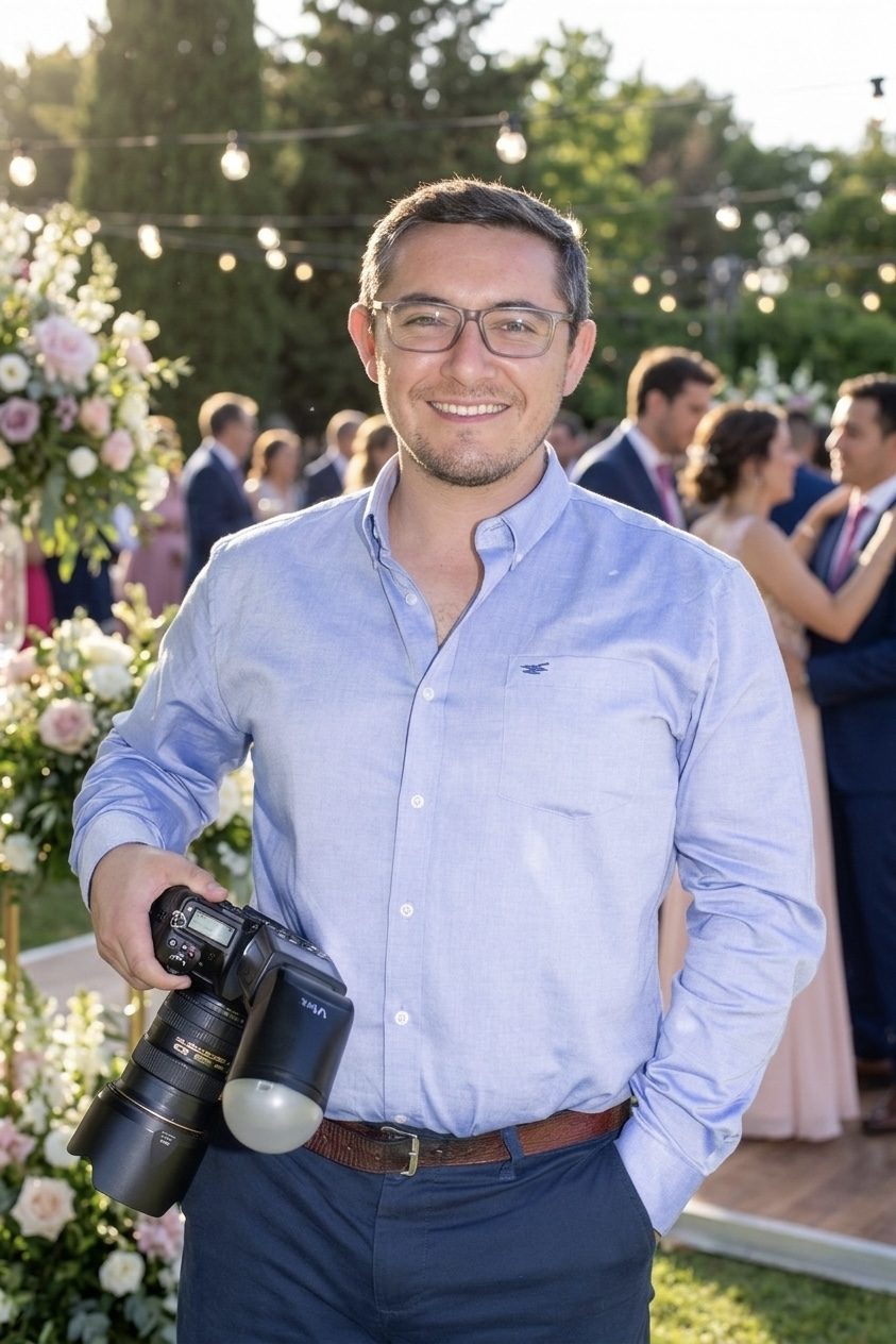 Luis Gustavo Zamudio trabajando dentro de un matrimonio, con la cámara en la mano